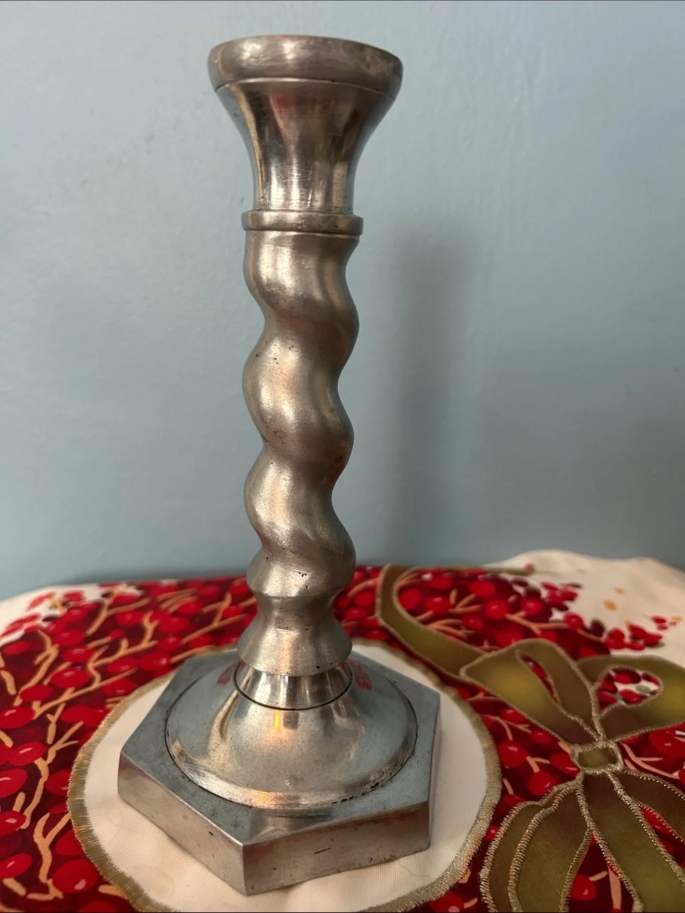 Silver -tone Pewter Twisted Pillar Candle Holder — EUC